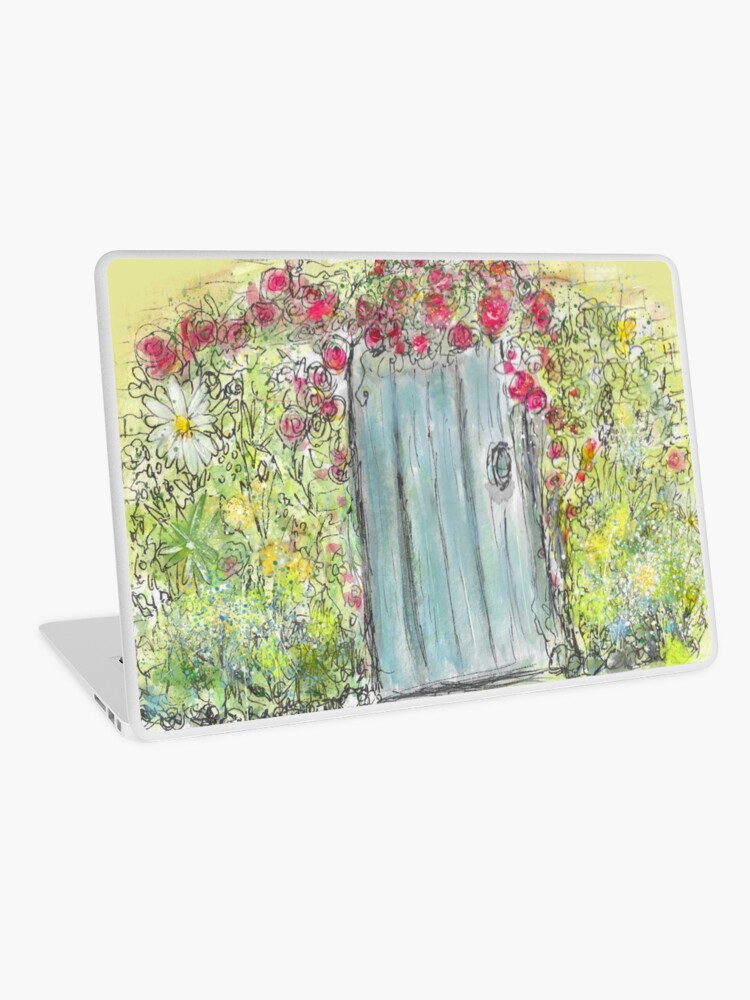 Thumbnail 1 of 2, Laptop Skin, Whimsical Blue Watercolor Fairy Door With Flowers designed and sold by ClareWalkerArt.