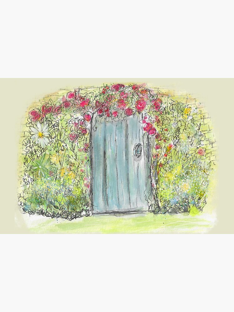 Thumbnail 2 of 2, Postcard, Whimsical Blue Watercolor Fairy Door With Flowers designed and sold by ClareWalkerArt.