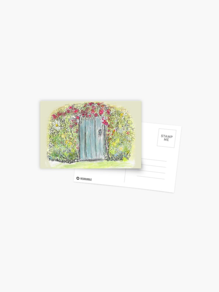 Thumbnail 1 of 2, Postcard, Whimsical Blue Watercolor Fairy Door With Flowers designed and sold by ClareWalkerArt.