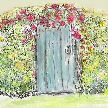 Artwork thumbnail, Whimsical Blue Watercolor Fairy Door With Flowers by Clare Walker