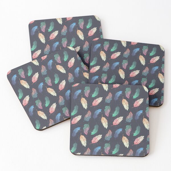 Item preview, Watercolor boho feathers in two colors blending and splatter in blue, green, pink, orange, and teal in moody dark blue designed and sold by JasmineGDesigns.