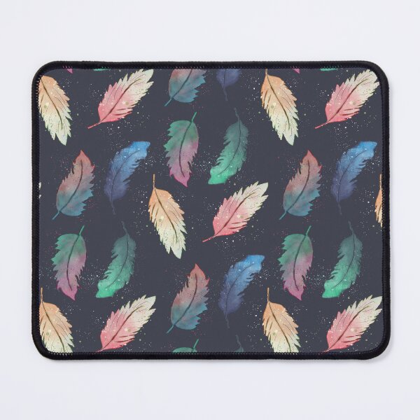 Item preview, Watercolor boho feathers in two colors blending and splatter in blue, green, pink, orange, and teal in moody dark blue designed and sold by JasmineGDesigns.
