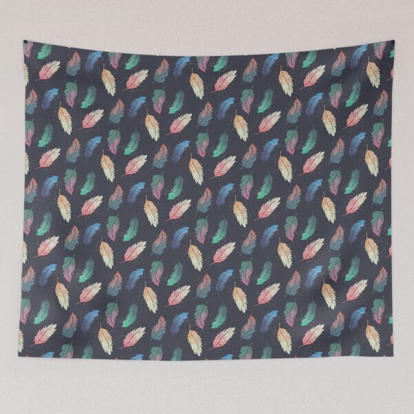 Artikelvorschau, Aquarell-Boho-Federn in zwei Farben, die sich in Blau, Grün, Rosa, Orange und Blaugrün in stimmungsvollem Dunkelblau vermischen und verspritzen entworfen und verkauft von JasmineGDesigns.