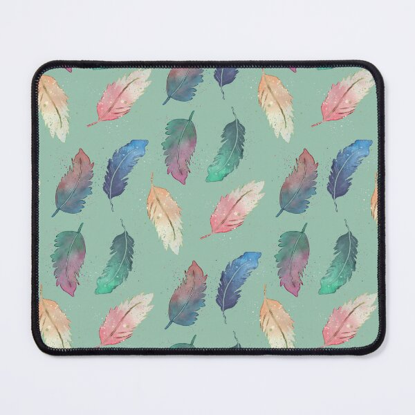 Item preview, Watercolor boho feathers in two colors blending and splatter in blue, green, pink, orange, and teal in mint green designed and sold by JasmineGDesigns.