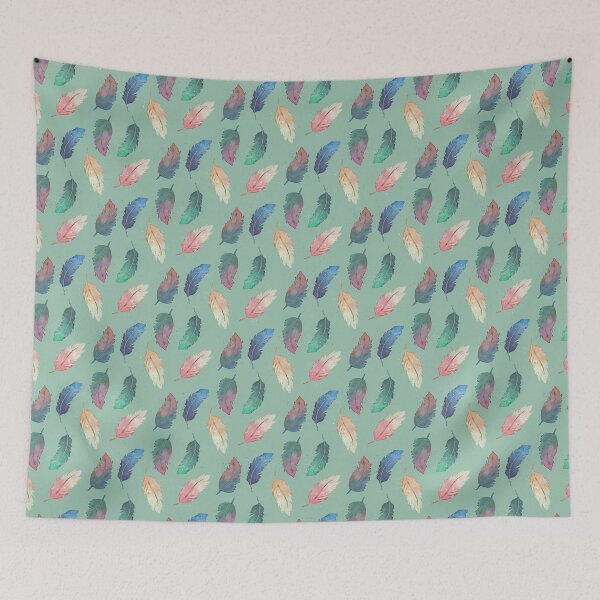 Artikelvorschau, Aquarell-Boho-Federn in zwei Farben, die sich in Blau, Grün, Rosa, Orange und Blaugrün in Mintgrün vermischen und verspritzen. entworfen und verkauft von JasmineGDesigns.