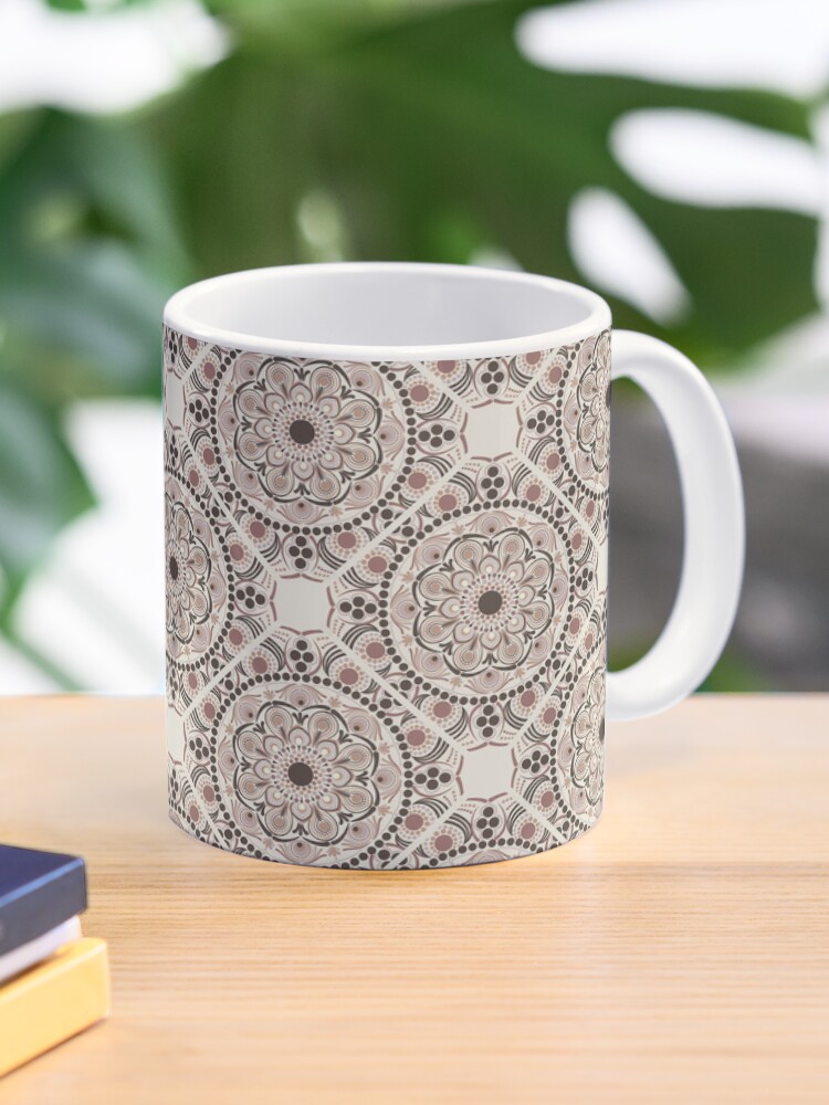 Coffee Mug, Warm Neutrals Espresso Martini Dot Mandala Diamond Tile designed and sold by Triplicate Limited