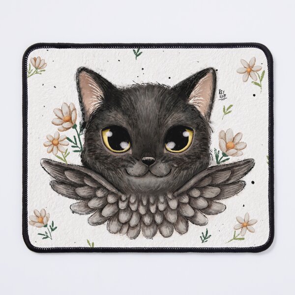 Item preview, Black Cat with Wings - Magic Kitten Surrounded by Daisy Flowers designed and sold by Reyko-ART.
