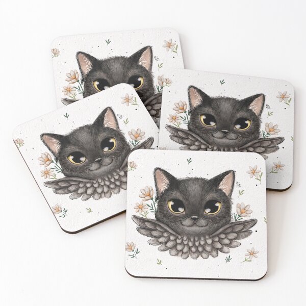 Item preview, Black Cat with Wings - Magic Kitten Surrounded by Daisy Flowers designed and sold by Reyko-ART.