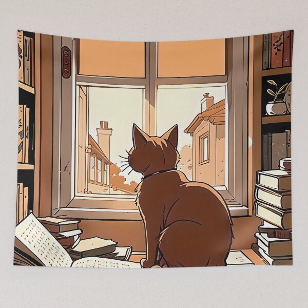 Aperçu de l'œuvre Chat Lofi à la fenêtre regardant vers l'avenir créée et vendue par LKozerski.