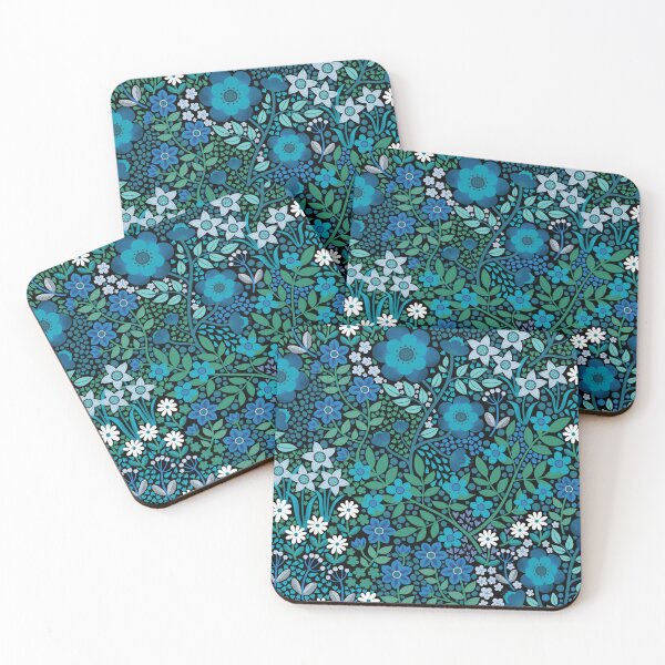 Item preview, Summer Flower Garden - pretty floral pattern, turquoise blue and emerald on black - by Cecca Designs designed and sold by Cecca-Designs.