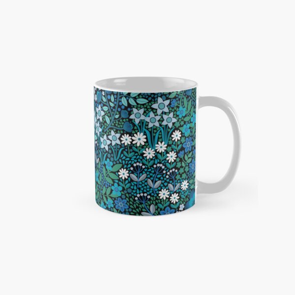 Summer Flower Garden - pretty floral pattern, turquoise blue and emerald on black - by Cecca Designs Classic Mug