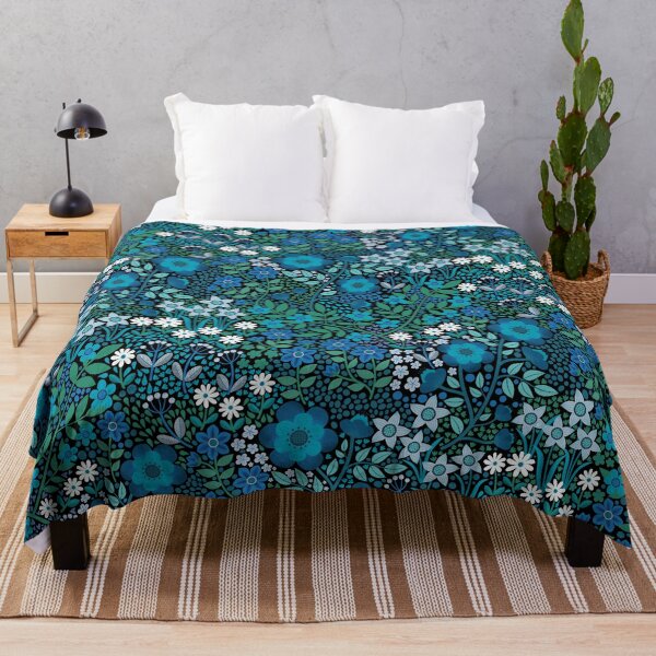 Summer Flower Garden - pretty floral pattern, turquoise blue and emerald on black - by Cecca Designs Throw Blanket
