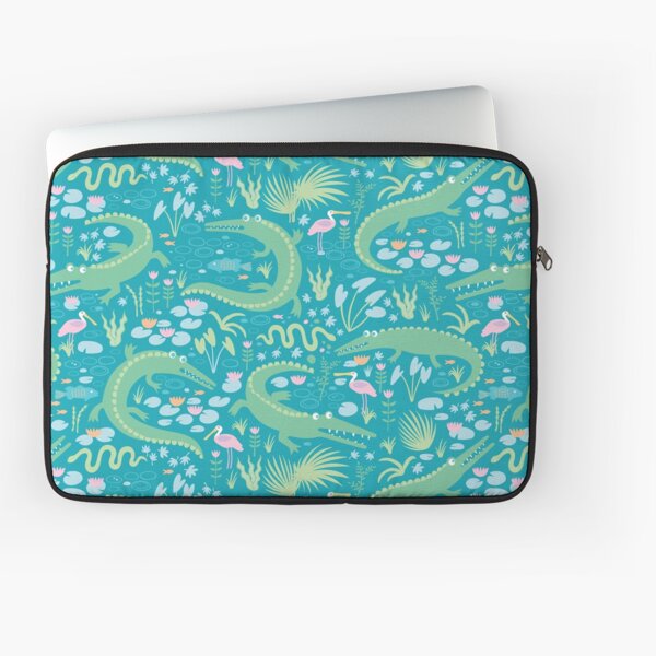 American Alligators and Roseate Spoonbills, pastels on aqua - cute animal pattern by Cecca Designs Laptop Sleeve