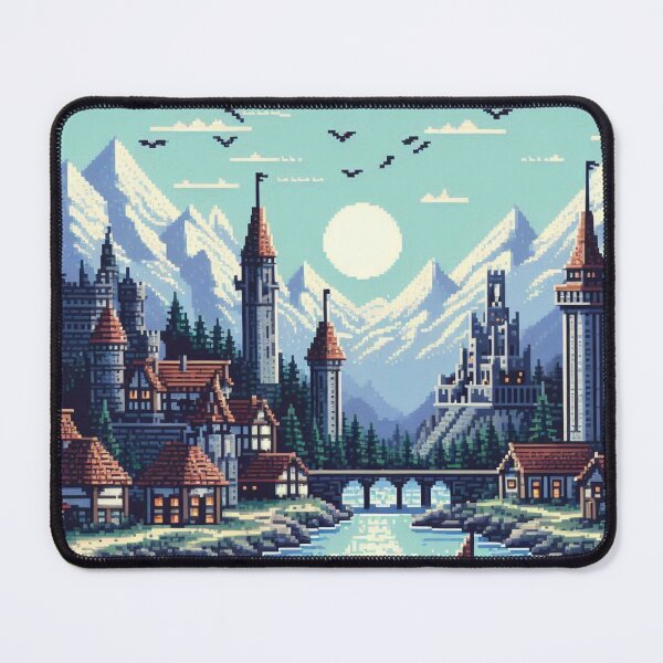 Vista previa del artículo con la obra «Pueblo de Skyrim con ilustraciones de píxeles del río», diseñado y vendido por Jake-Carter0.