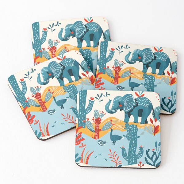 Item preview, Elephants in a desert landscape with cactus and sun motifs designed and sold by DMay-art.
