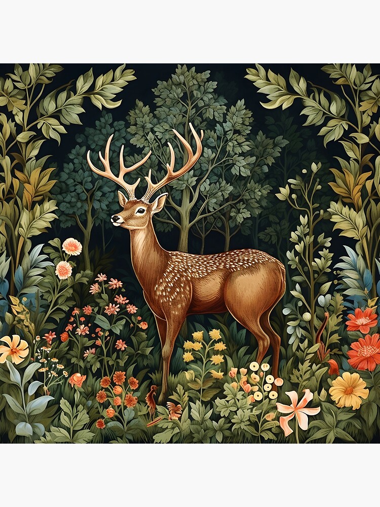 Aperçu 4 sur 4. Coussin avec l'œuvre Cerf de forêt vintage style William Morris créée et vendue par Marina3333.