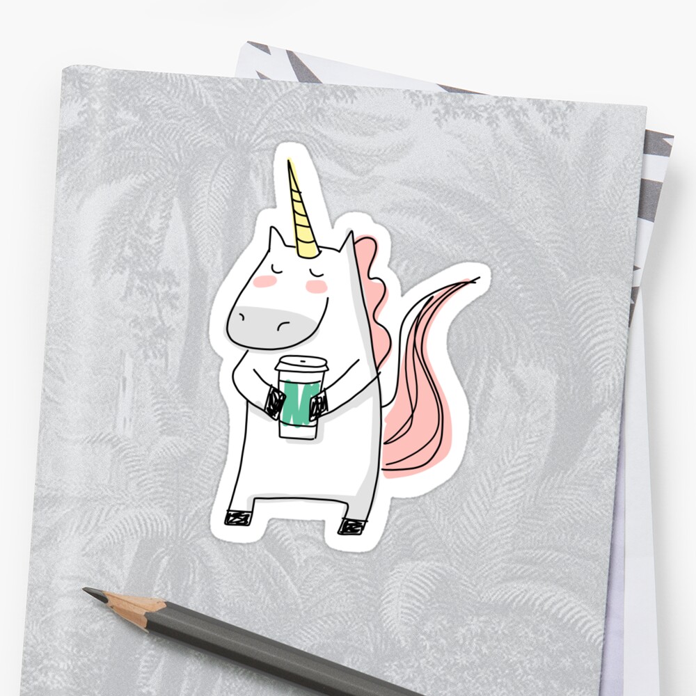 Unicorn Holding A Coffee Cup Sticker By Happycatprints Redbubble