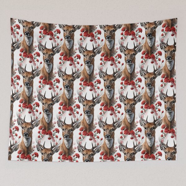 Item preview, White-tailed Deer Surrounded By Red Carnation Pattern designed and sold by taiche.