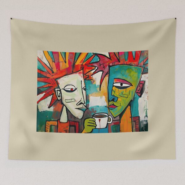 Item preview, Shared Surreal Coffee Encounter - Lively Abstract Figures in Bold Color Palette Graffiti Street Art designed and sold by OlfactoART Studio.