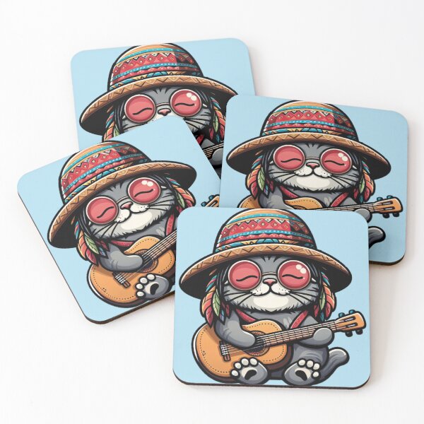 Item preview, Peaceful Cat Guitar Player with Colorful Hat designed and sold by Inspirahawke.