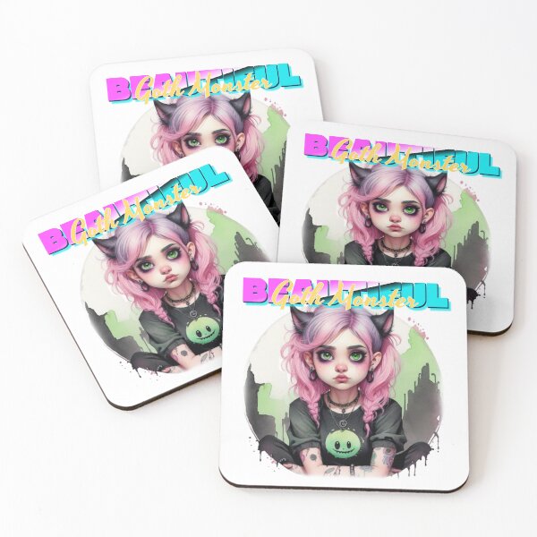 Item preview, Cute Kawaii Goth Girl Monster with a monster smiley teeshirt on in watercolor paint designed and sold by EmeraldCauldren.