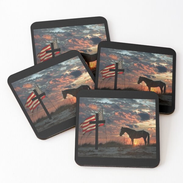 Item preview, American Flag Cross Sunset Horse, Inspirational Patriotic Art, Country Decor, Rural Landscape, Sunset Silhouette, USA Flag Nature Art designed and sold by MiracleROLArt.