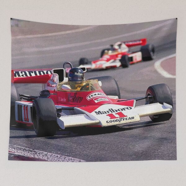 Item preview, James Hunt racing his 1976 M23 F1 racecar during the Spanish Grand Prix abstract designed and sold by Rodissimus1984.