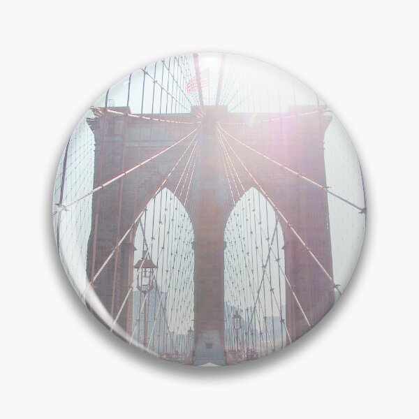 Item preview, New York, USA I Morning sun on Brooklyn bridge with a symmetrical, minimalist and geometric photography composition in summer pastel blue tones with sunset lighting in a retro vintage aesthetic designed and sold by Julie Travel Photography.
