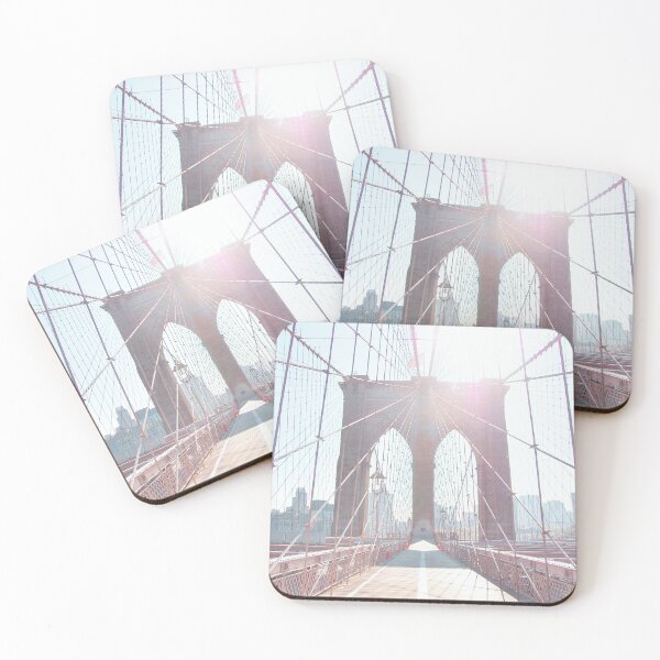 Item preview, New York, USA I Morning sun on Brooklyn bridge with a symmetrical, minimalist and geometric photography composition in summer pastel blue tones with sunset lighting in a retro vintage aesthetic designed and sold by Julie Travel Photography.
