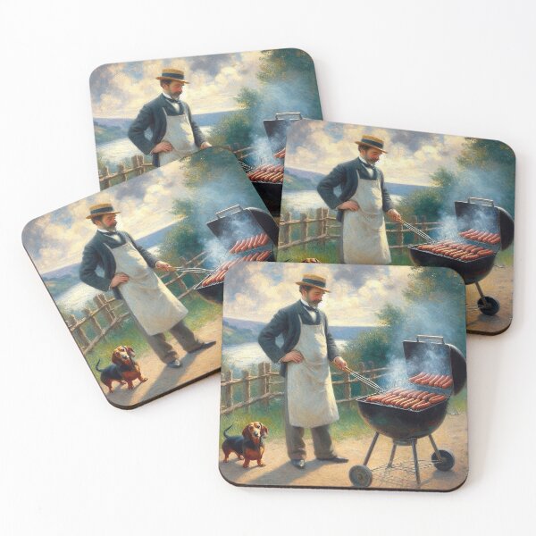 Item preview, Man cooking sausages in front of wiener dog designed and sold by PetPaletteCards.