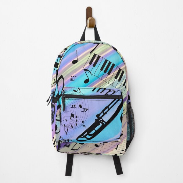 Vista previa del artículo con la obra «Collage de varios instrumentos musicales sobre rayas de colores», diseñado y vendido por BrightrDayMusicArt.