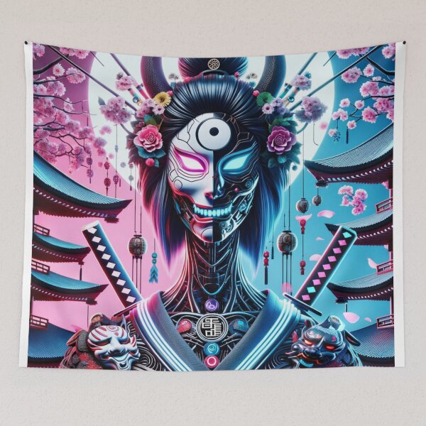Artikelvorschau, Colorful Kitsune Masked Geisha Girl Japanese Pagoda Cherry Blossom Design entworfen und verkauft von DesignsByLitz.