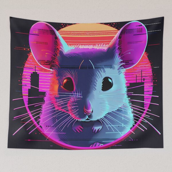 Aperçu de l'œuvre "Synthwave Skyline: A Lovely White Mouse" créée et vendue par Art-Vortex-fr.