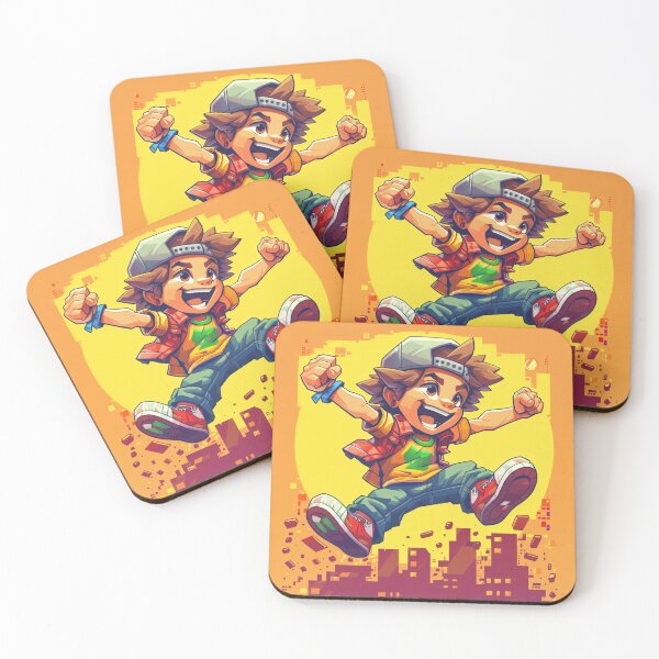 Item preview, Cheerful boy jumping in vibrant urban scene designed and sold by palmyst.