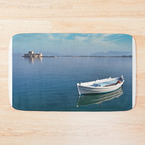 Item preview, Small fishing boat and Bourtzi fortress in Nafplio, Peloponnese, Greece designed and sold by goceris.