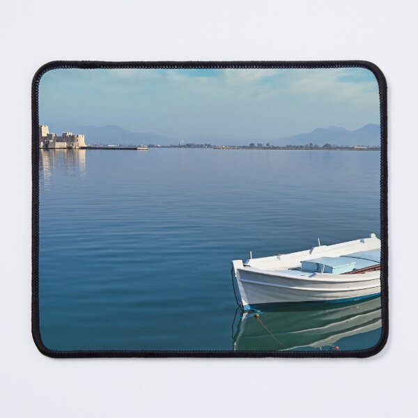 Item preview, Small fishing boat and Bourtzi fortress in Nafplio, Peloponnese, Greece designed and sold by goceris.