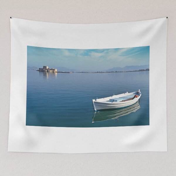 Item preview, Small fishing boat and Bourtzi fortress in Nafplio, Peloponnese, Greece designed and sold by goceris.