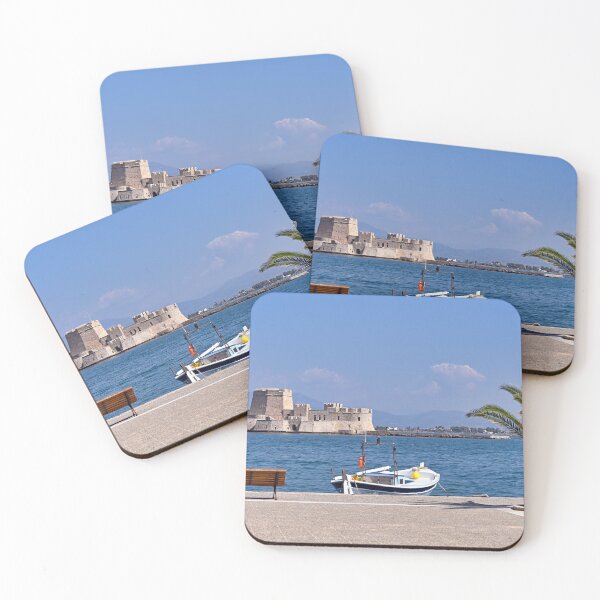 Item preview, Small fishing boat and Bourtzi water fortress in Nafplio, Peloponnese, Greece designed and sold by goceris.