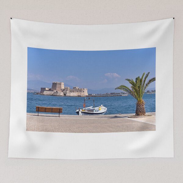 Item preview, Small fishing boat and Bourtzi water fortress in Nafplio, Peloponnese, Greece designed and sold by goceris.