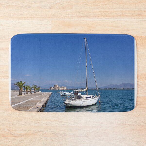 Item preview, Bourtzi fortress and port with boats in Nafplio, Peloponnese, Greece designed and sold by goceris.