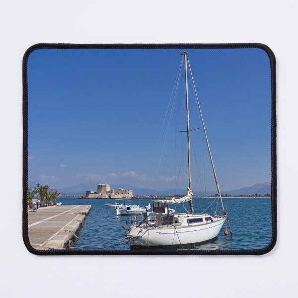 Item preview, Bourtzi fortress and port with boats in Nafplio, Peloponnese, Greece designed and sold by goceris.