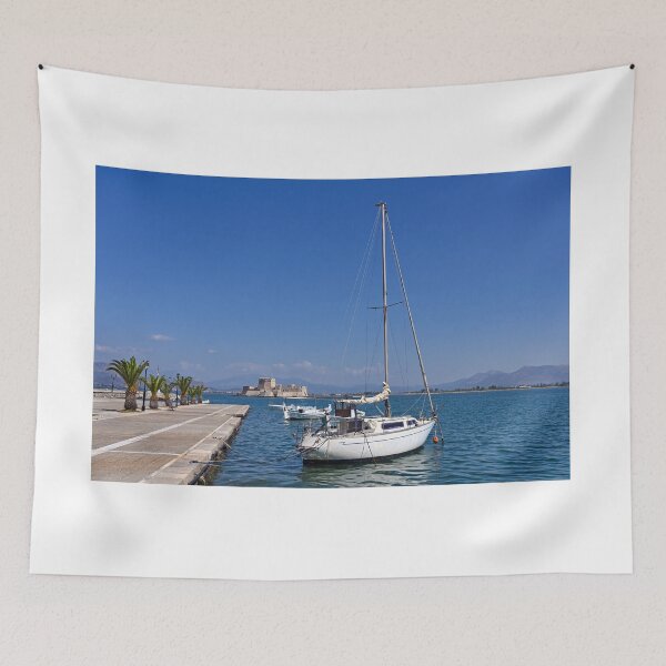 Item preview, Bourtzi fortress and port with boats in Nafplio, Peloponnese, Greece designed and sold by goceris.