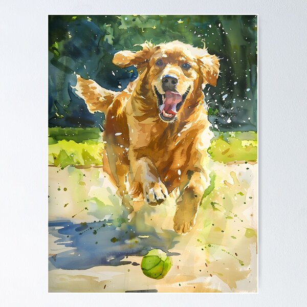Item preview, Watercolor painting of a golden retriever playing fetch in a sunlit park designed and sold by DMay-art.
