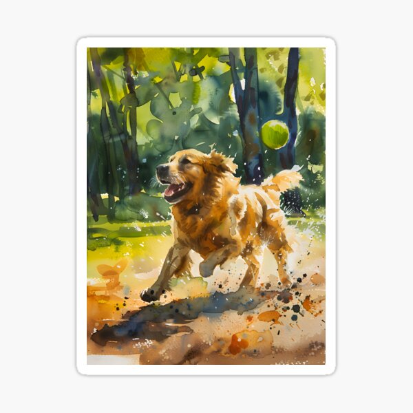 Item preview, Watercolor painting of a golden retriever playing fetch in a sunlit park designed and sold by DMay-art.