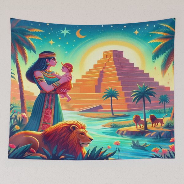 Item preview,  Ishtar (Inanna), goddess of love, war, fertility and life, Lion of Babylon, Mesopotamia, cuneiform texts, palm tree, marsh, birth, newborn, genesis, origin, sky, flowers designed and sold by Redbdon.
