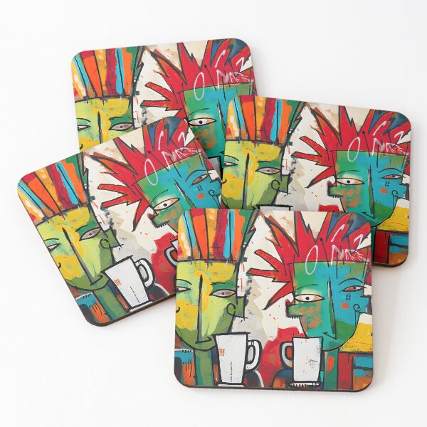 Item preview, Surreal Dynamic Coffee Connection - Vibrant Stylized Figures Amid Colorful Abstraction designed and sold by OlfactoART Studio.