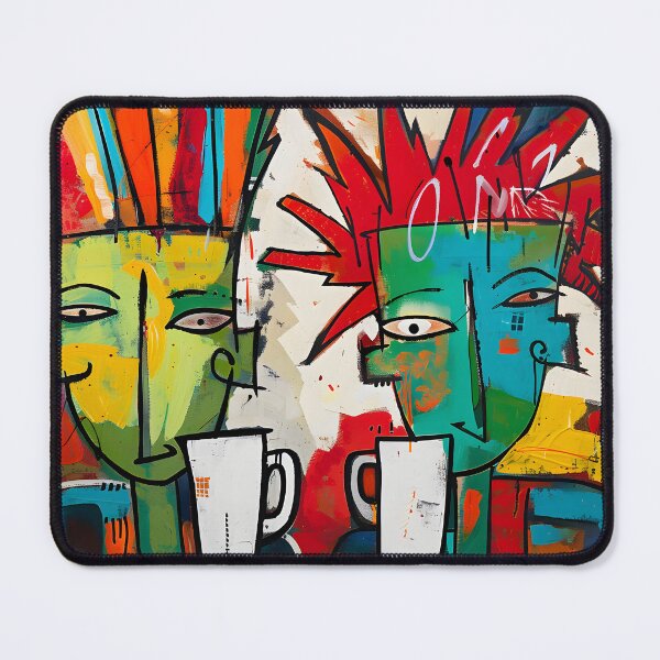 Item preview, Surreal Dynamic Coffee Connection - Vibrant Stylized Figures Amid Colorful Abstraction designed and sold by OlfactoART Studio.