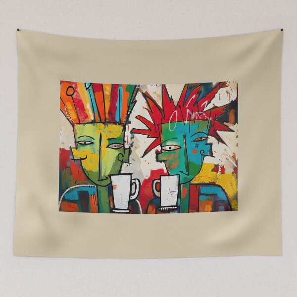 Item preview, Surreal Dynamic Coffee Connection - Vibrant Stylized Figures Amid Colorful Abstraction designed and sold by OlfactoART Studio.