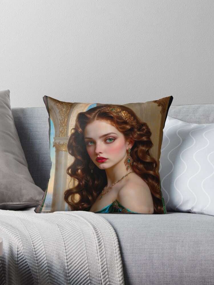 An Enchanting Portrait of The Emerald Empress Beautiful AI Concept Art by Xzendor7 Decorative Portrait Art Print Throw Pillow