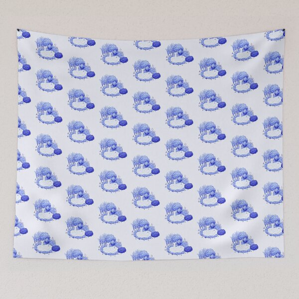 Item preview, Pond with fish and frog, blue monochrome designed and sold by rizdrawings.